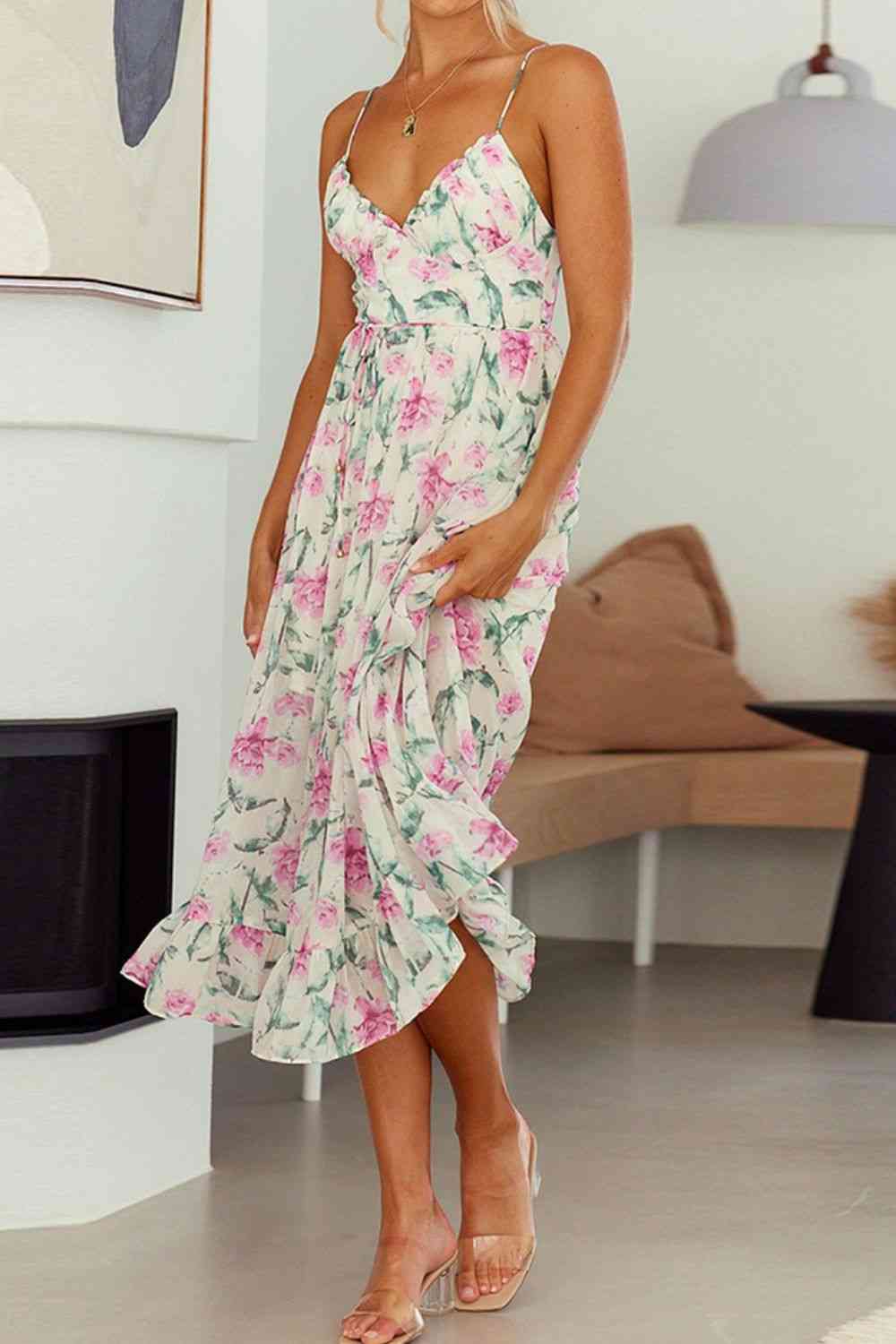 Vestido midi con tirantes finos y estampado floral