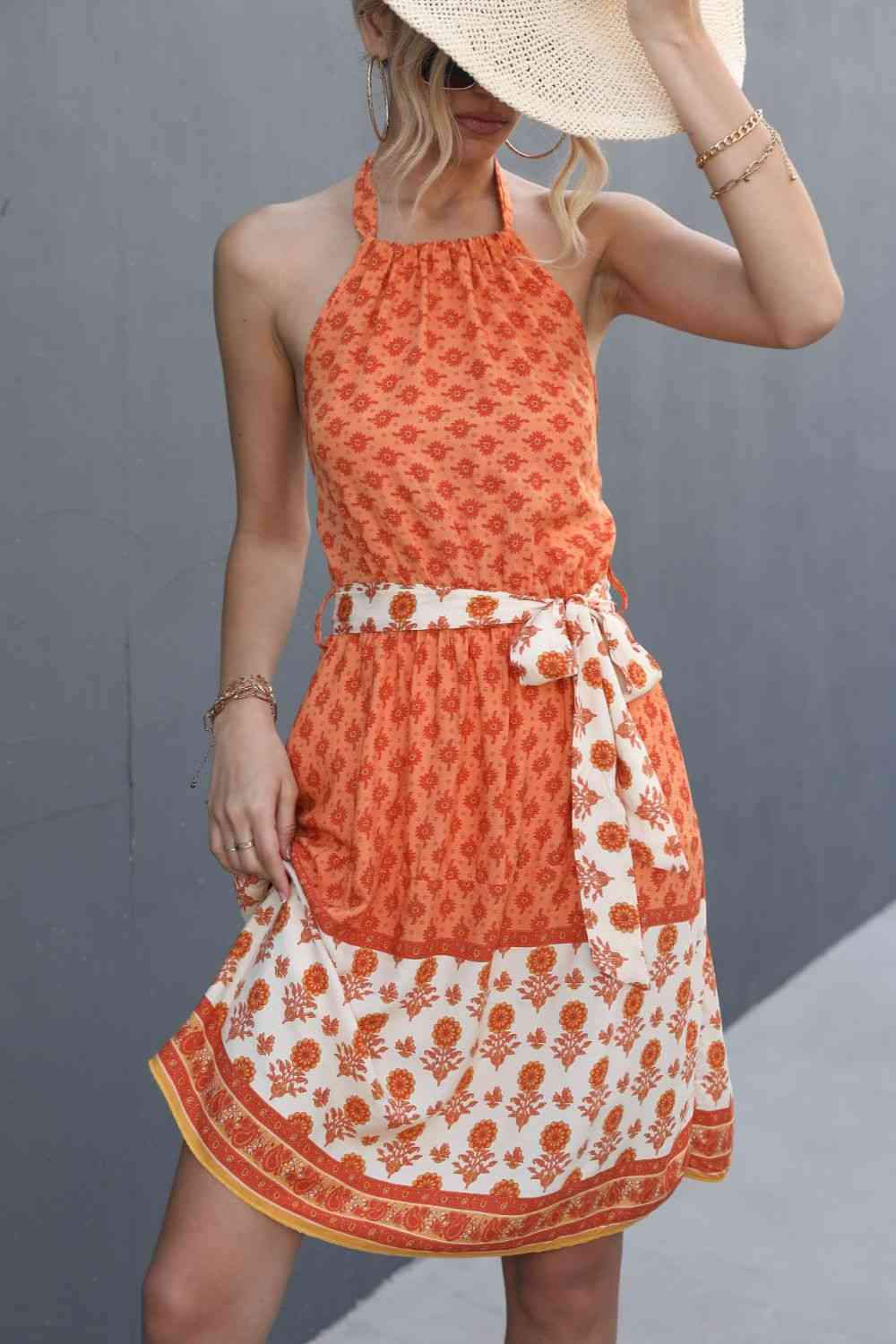 Printed Halter Neck Tie Belt Dress