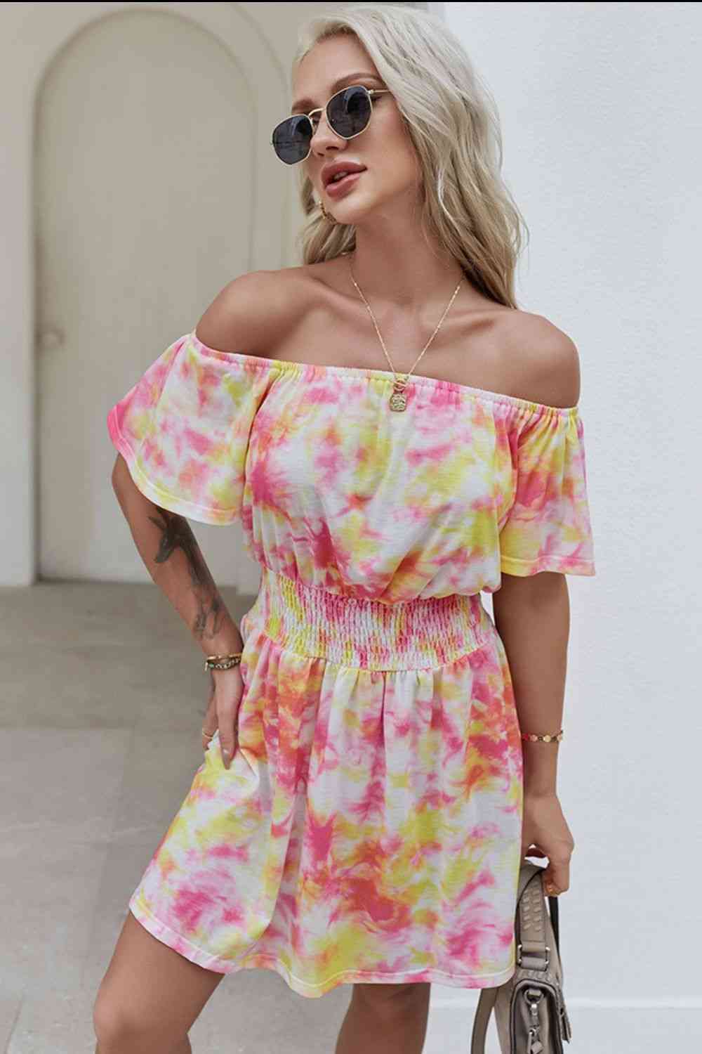 Off-Shoulder Short Flutter Sleeve Mini Dress