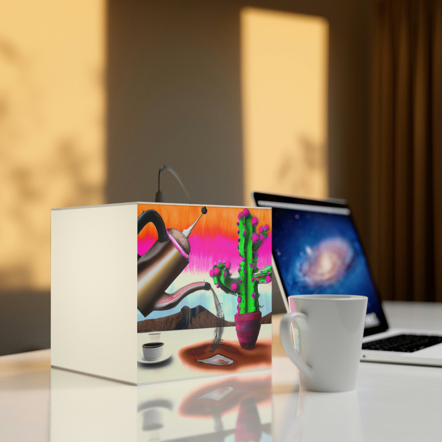 "An Awkward Caffeinated Moment: The Tale of a Bot and a Cactus" - The Alien Light Cube Lamp