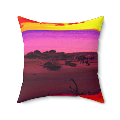 "Vergessener Trost: Die Pracht eines lebendigen Sonnenuntergangs an einem verlassenen Strand" - Das Alien Square Pillow