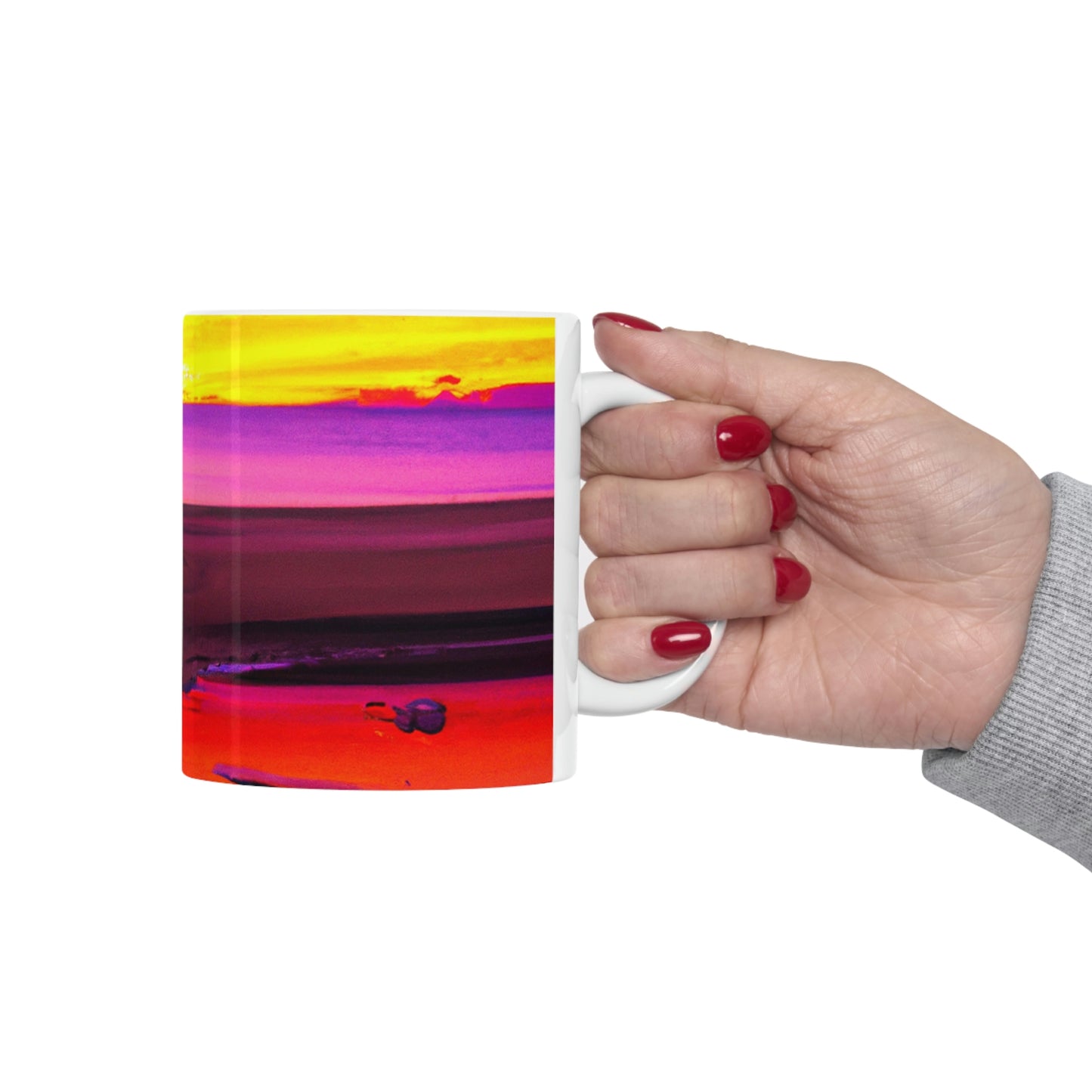 "Forgotten Solace: The Splendor of a Vibrant Sunset at a Abandoned Beach" - The Alien Ceramic Mug 11 oz