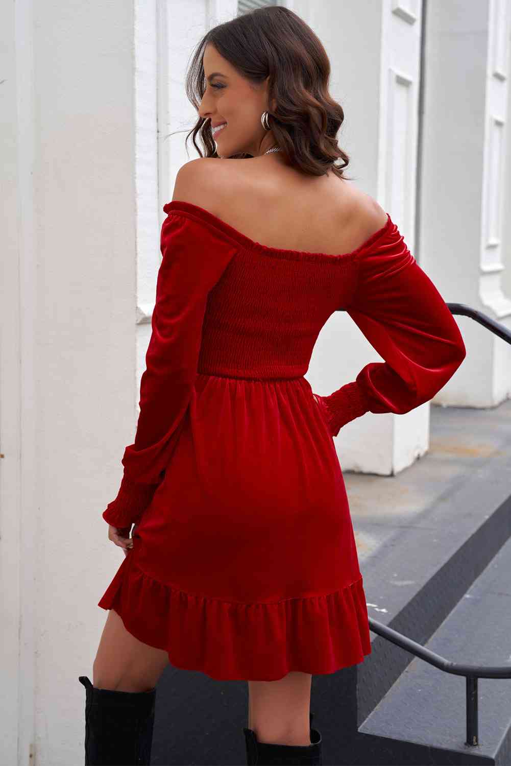 Off-Shoulder Smocked Ruffle Hem Dress