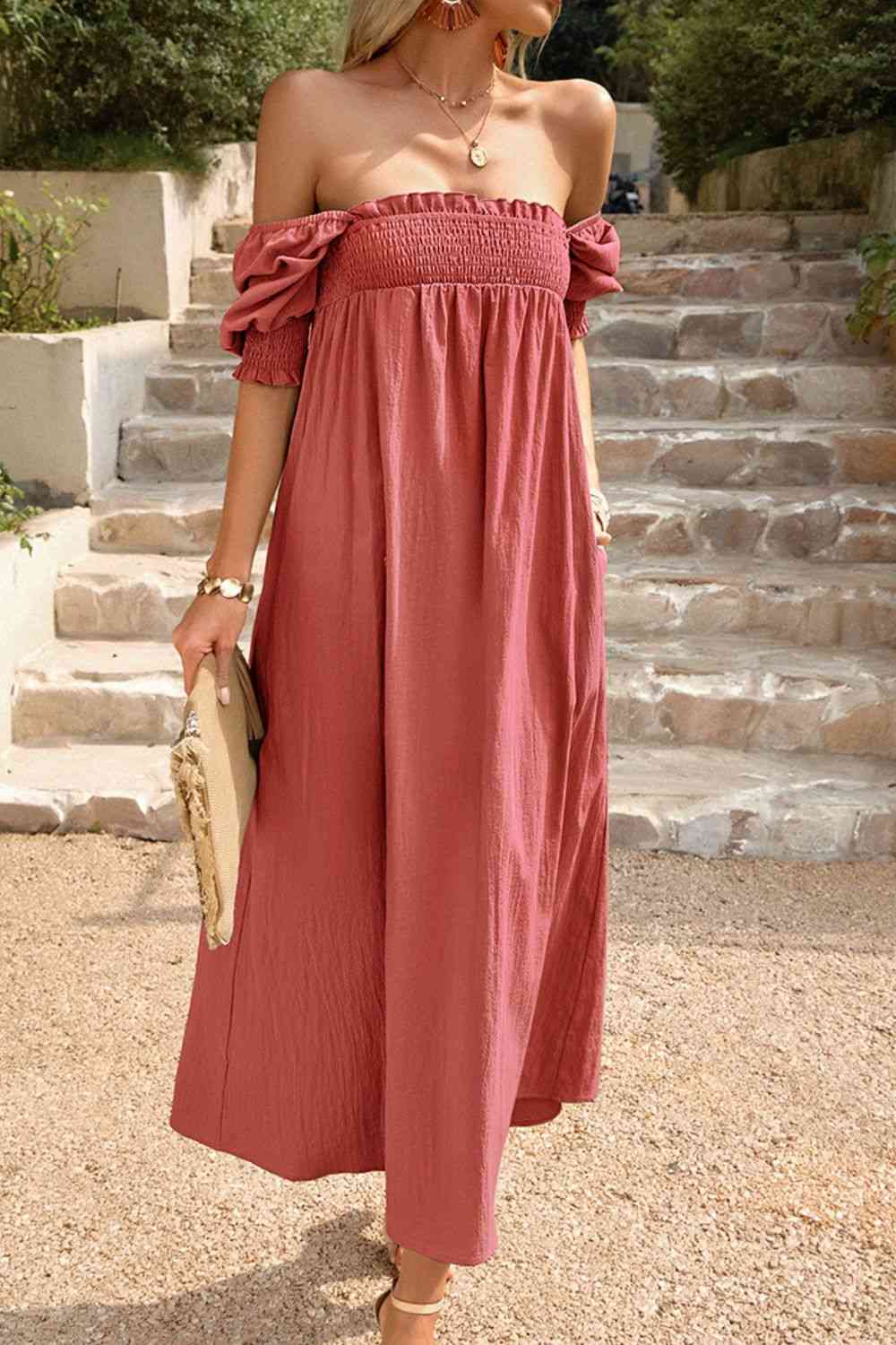 Smocked Square Neck Midi Dress with Pockets