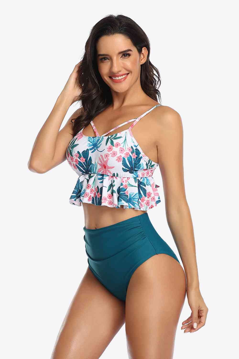 Tropical Print Ruffled Two-Piece Swimsuit