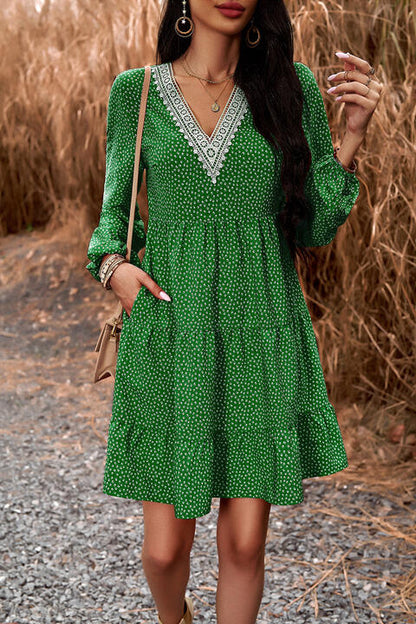 Lace Trim V-Neck Long Sleeve Dress