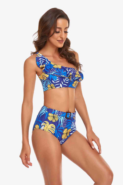 Gerüschtes One-Shoulder-Bikini-Set mit Schnalle