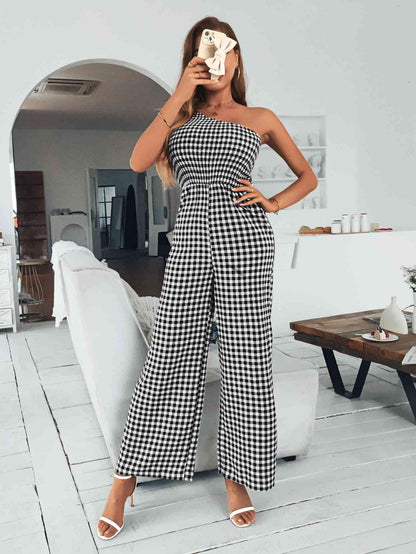 Karierter One-Shoulder-Jumpsuit mit weitem Bein und Taschen