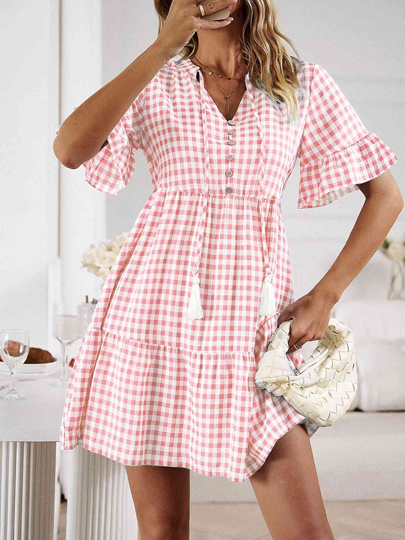 Plaid Flounce Sleeve Buttoned Mini Dress