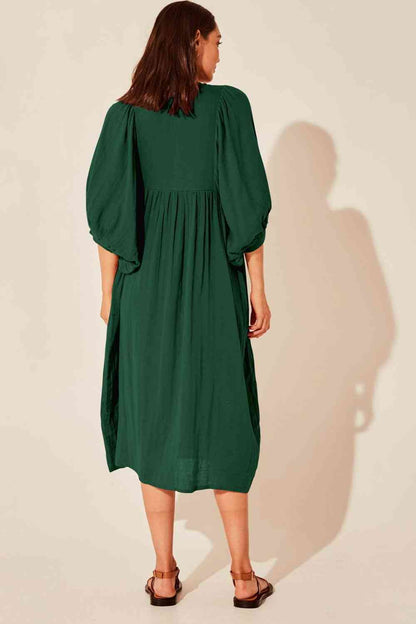 Tie Neck Lantern Sleeve Midi Dress