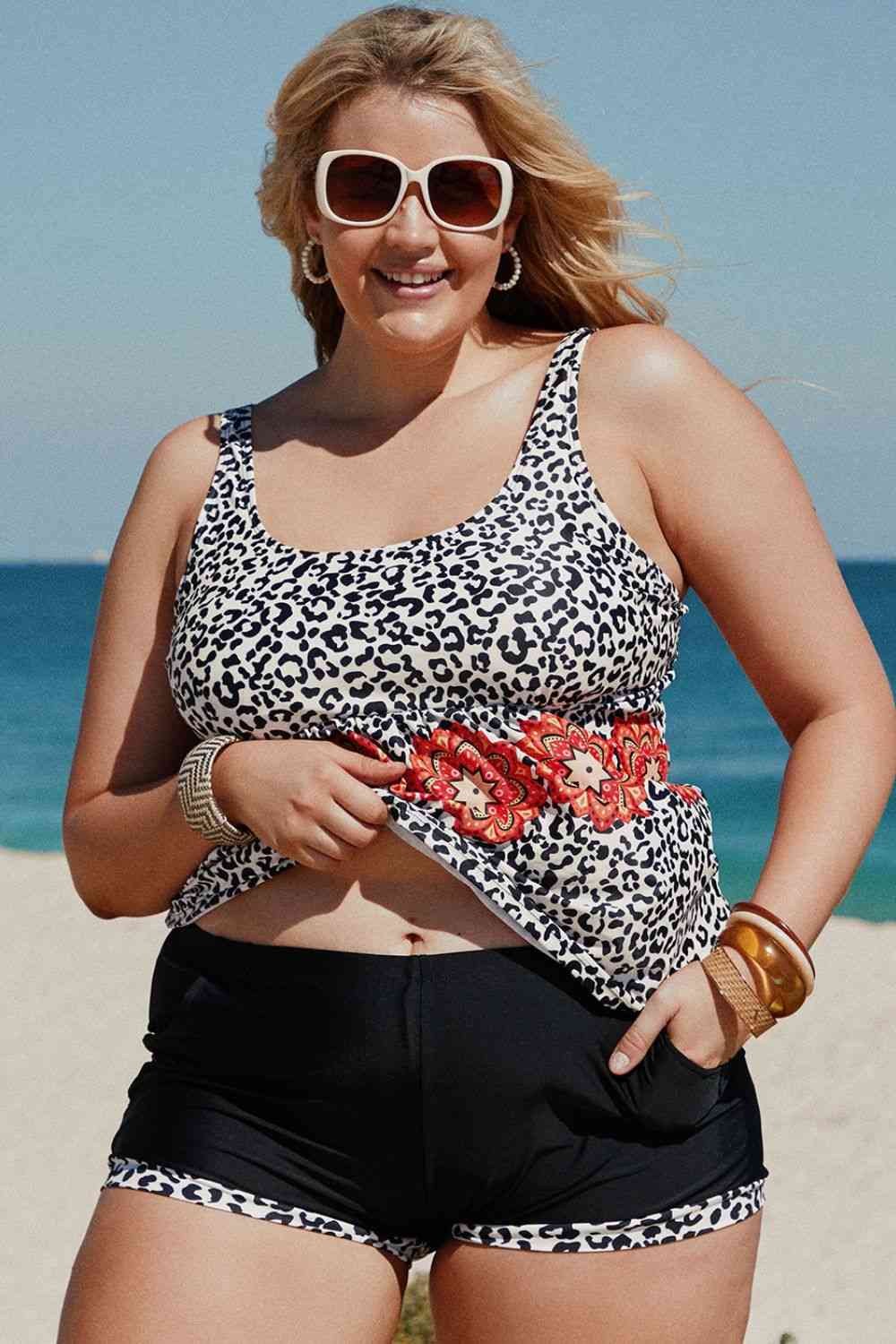 Conjunto de tankini con estampado mixto de talla grande y bolsillos