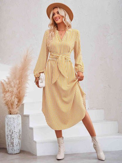 Striped Notched Neck Curved Hem Long Sleeve Dress