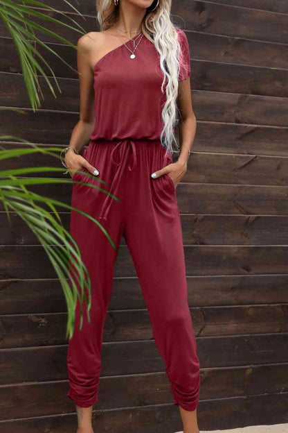 One-Shoulder-Jumpsuit mit Kordelzug in der Taille und Taschen