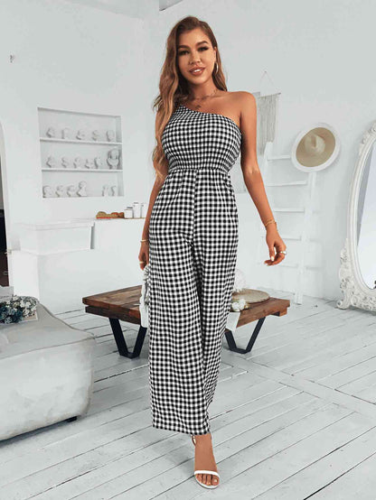 Karierter One-Shoulder-Jumpsuit mit weitem Bein und Taschen