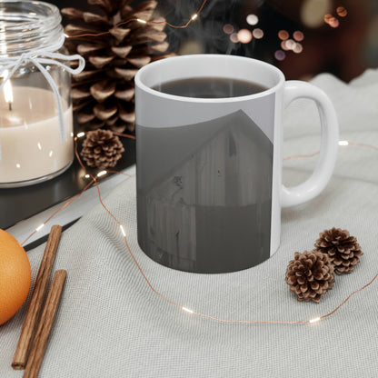 "Fog-Shrouded Barn" - The Alien Ceramic Mug 11 oz