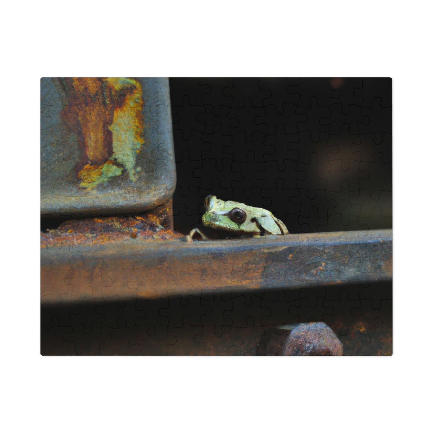 "A Tad Too Far: The Tale of a Train-Stuck Frog." - The Alien Jigsaw Puzzle