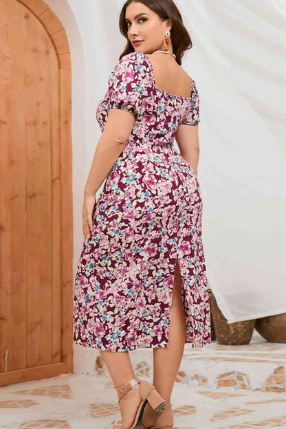 Plus Size Floral Ruched Slit Midi Dress