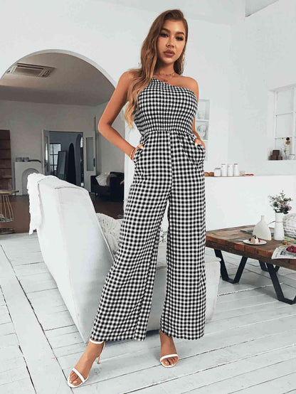 Karierter One-Shoulder-Jumpsuit mit weitem Bein und Taschen