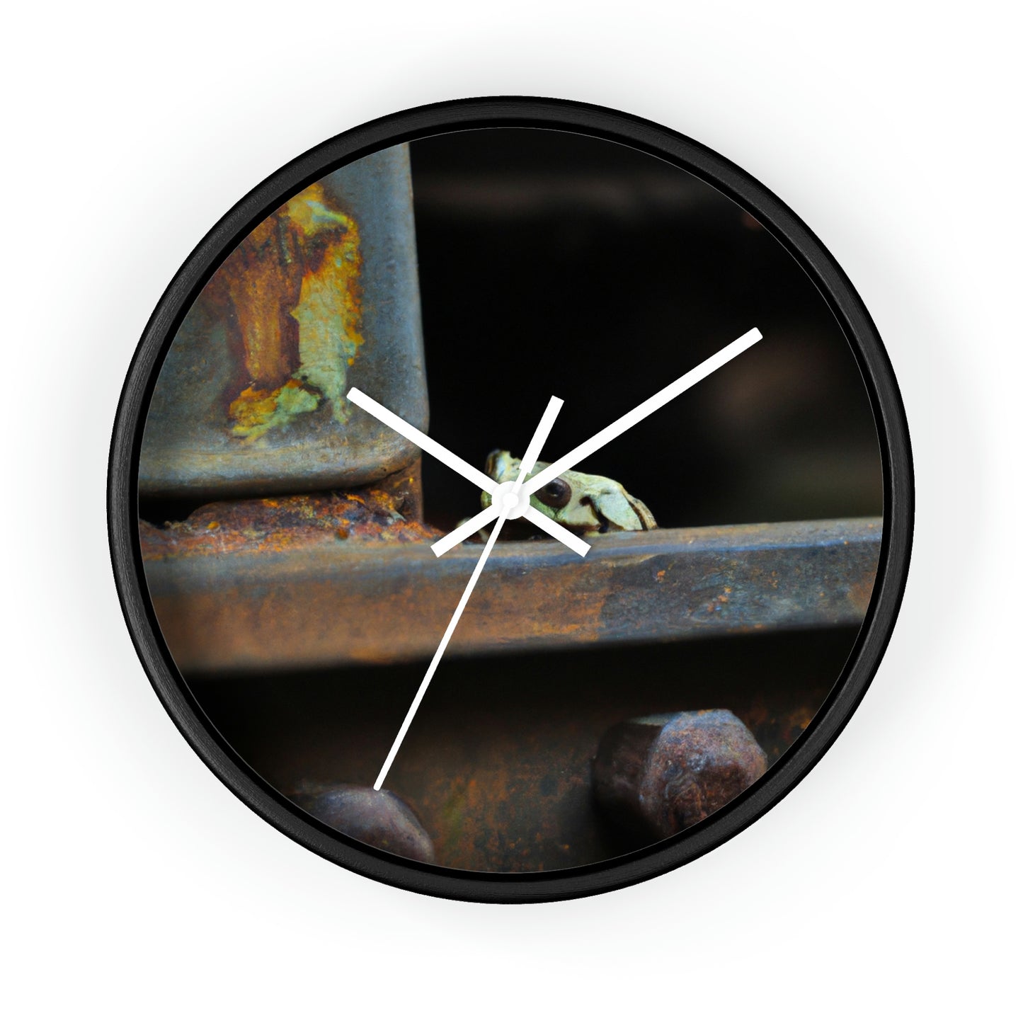 "A Tad Too Far: The Tale of a Train-Stuck Frog." - The Alien Wall Clock