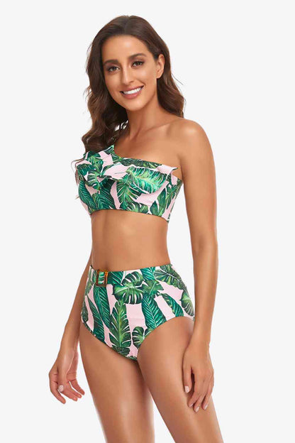 Gerüschtes One-Shoulder-Bikini-Set mit Schnalle