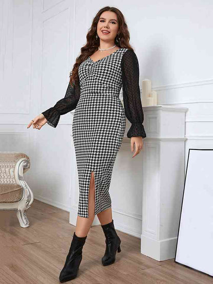 Plus Size Houndstooth Flounce Sleeve Slit Dress