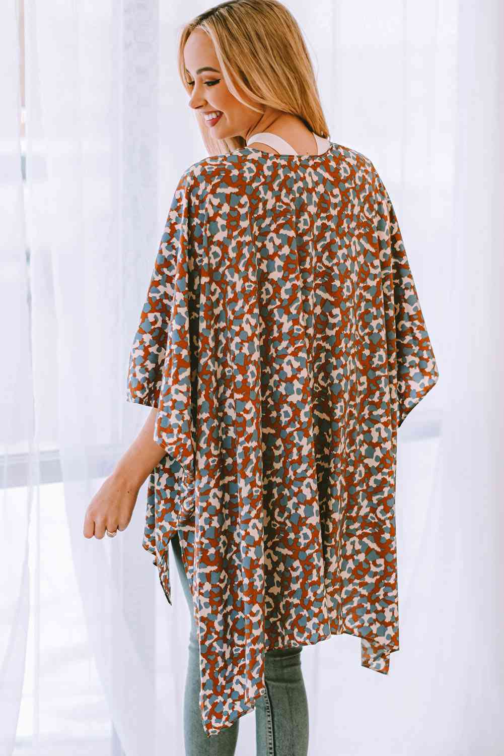 Printed Open Front Three-Quarter Sleeve Cover Up