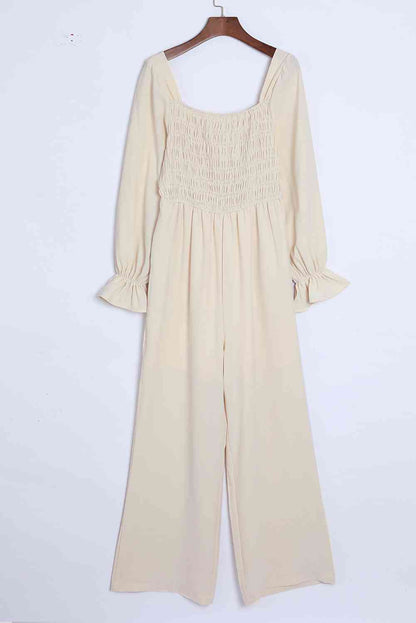 Smocked Long Flounce Sleeve Square Neck Jumpsuit