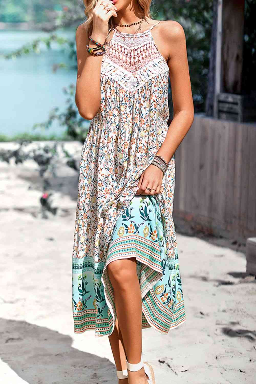 Vestido sin mangas con cuello redondo estilo bohemio con estampado floral