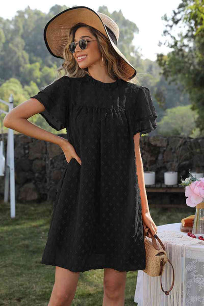 Swiss Dot Round Neck Flutter Sleeve Dress