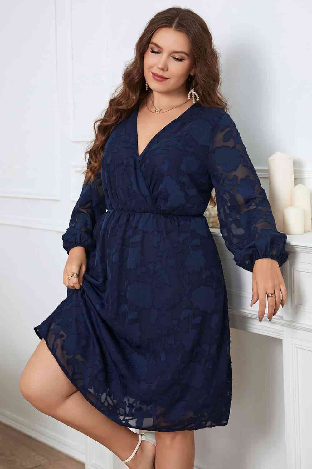 Melo Apparel Plus Size Surplice Neck Balloon Sleeve Dress