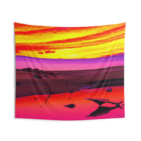 "Forgotten Solace: The Splendor of a Vibrant Sunset at an Abandoned Beach" - The Alien Wall Tapestries