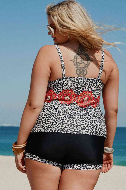 Plus-Size-Tankini-Set mit gemischtem Print und Taschen