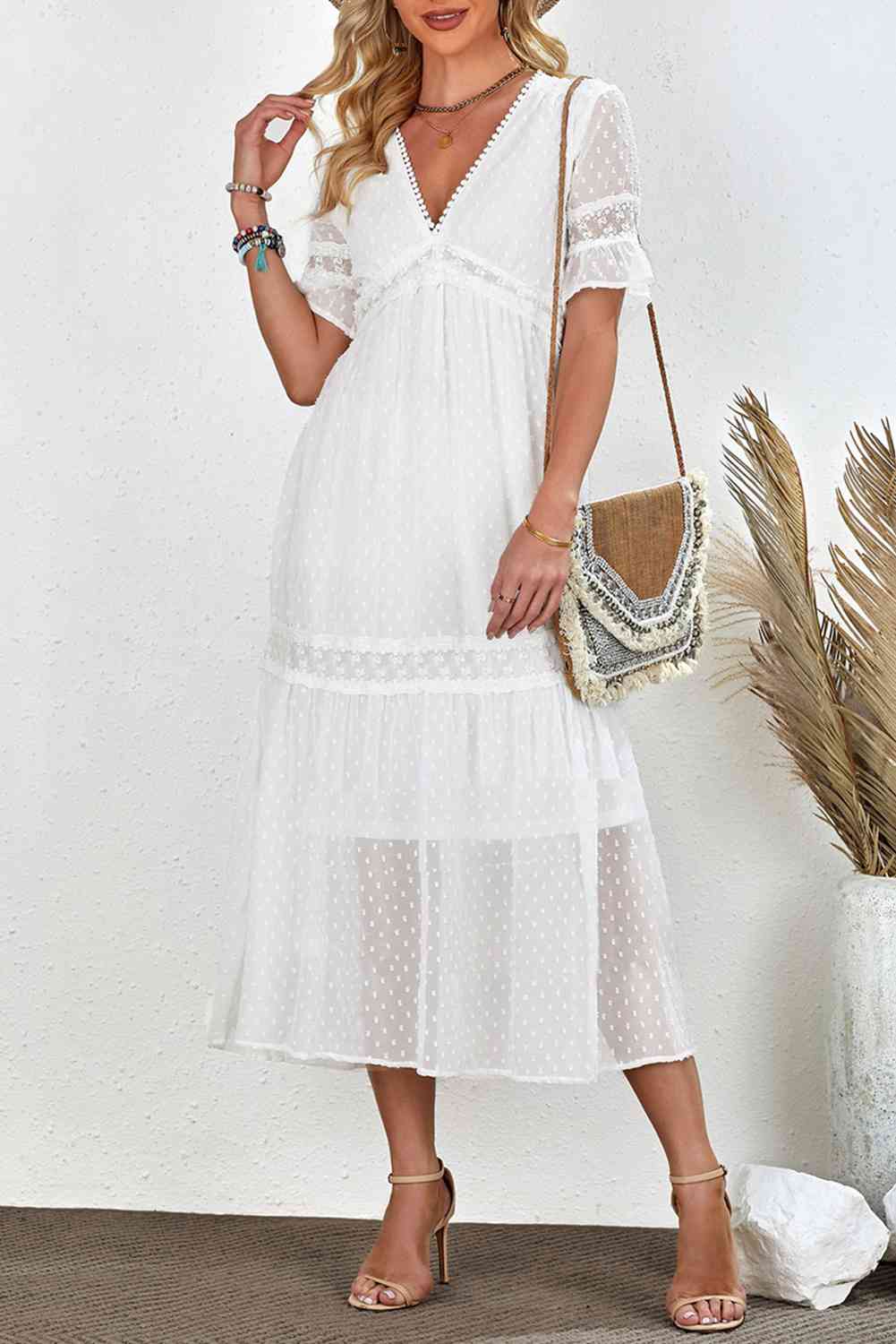 Swiss Dot V-Neck Short Sleeve Midi Dress