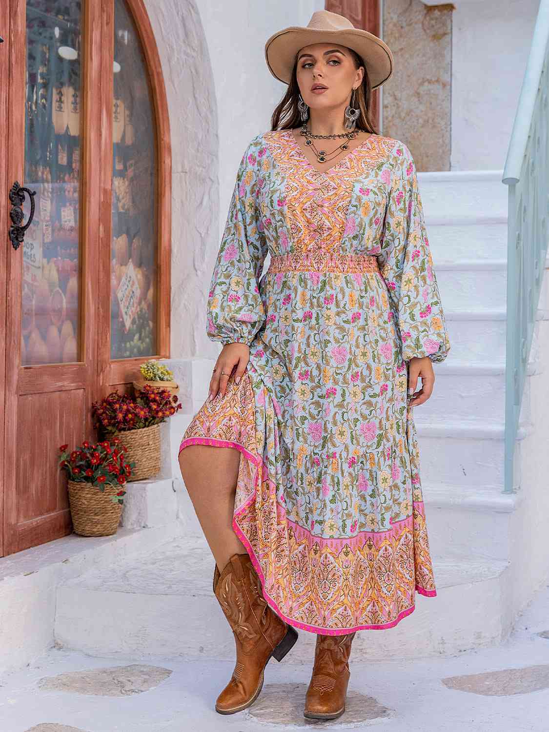 Plus Size Printed V-Neck Long Sleeve Dress