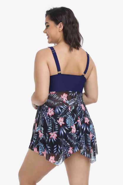 Traje de baño de dos piezas con dobladillo asimétrico floral de talla grande