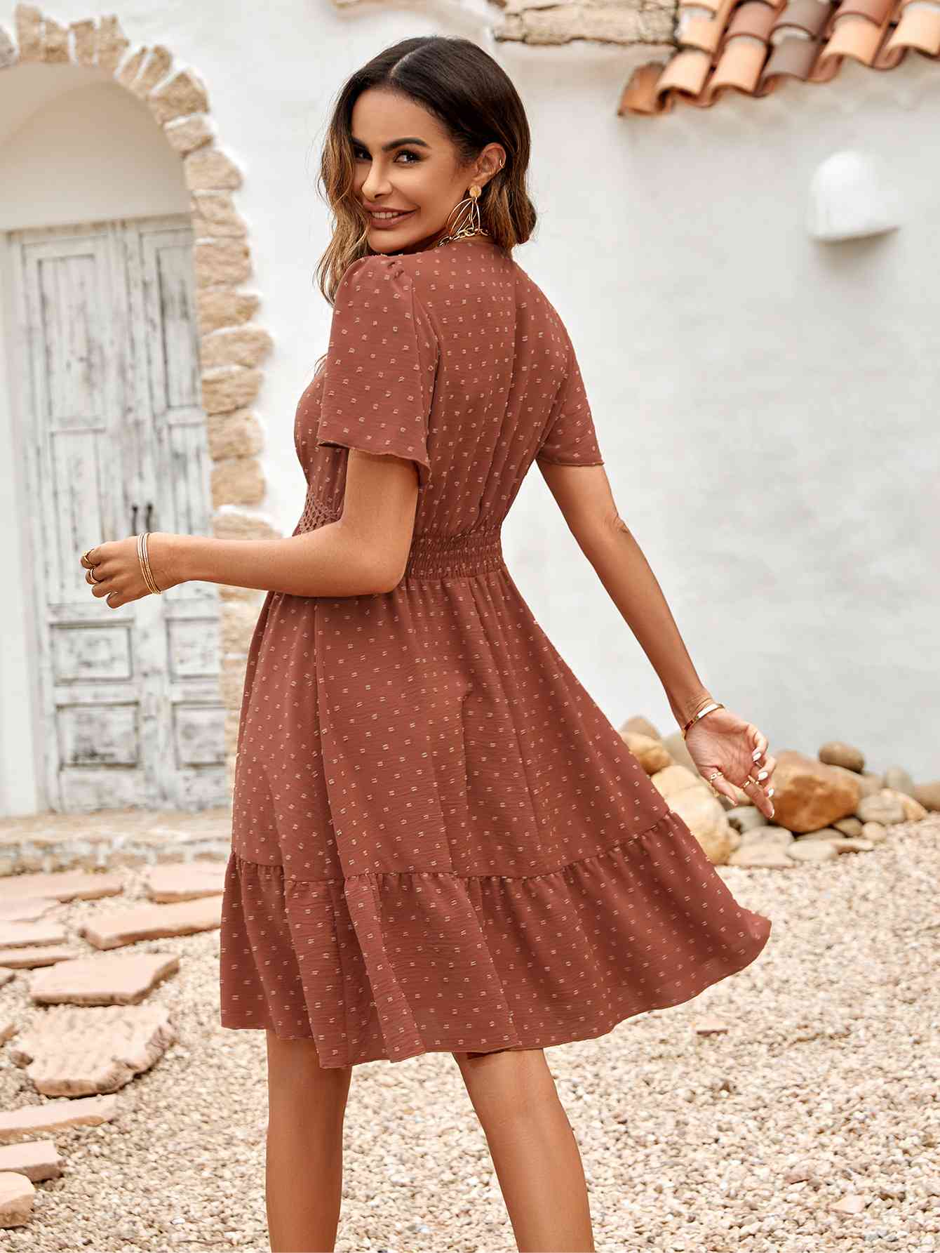 Swiss Dot V-Neck Openwork Puff Sleeve Dress