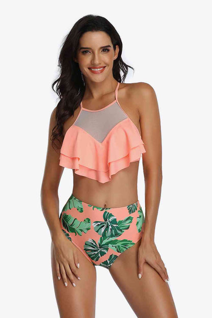 Traje de baño de dos piezas con volantes y estampado tropical