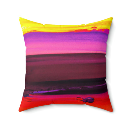 "Vergessener Trost: Die Pracht eines lebendigen Sonnenuntergangs an einem verlassenen Strand" - Das Alien Square Pillow