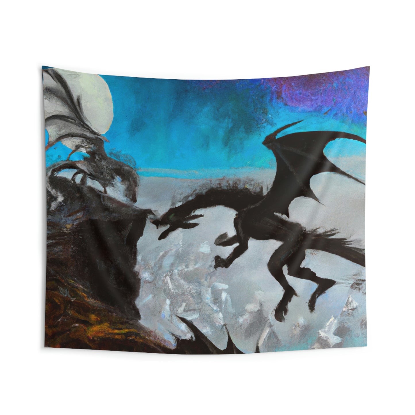 "Choque de fuego y acero en el acantilado iluminado por la luna" - The Alien Wall Tapestries