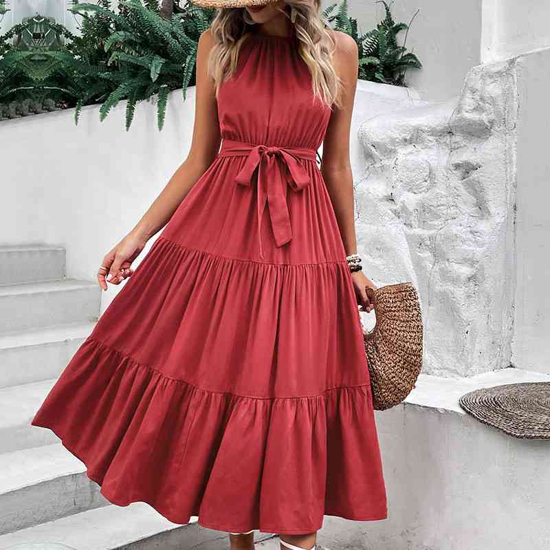 Tie Belt Tiered Midi Dress