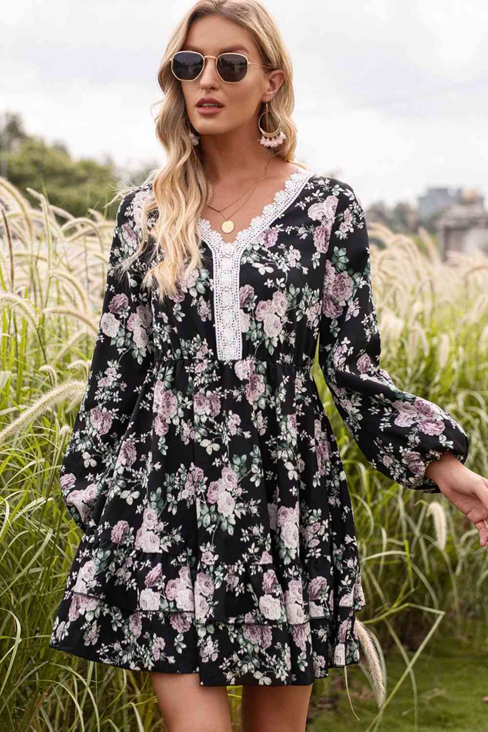 Floral Lace Trim Long Sleeve Dress