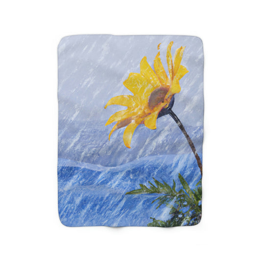 "A Burst of Color in the Glistening White: The Miracle of a Flower Blooms in a Snowstorm" - The Alien Sherpa Fleece Blanket