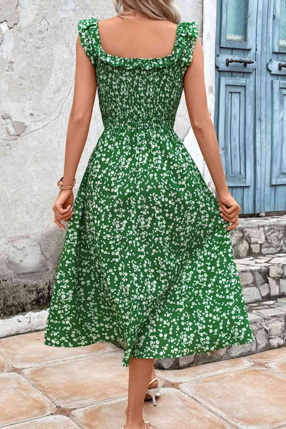 Printed Square Neck Ruffled Midi Dress