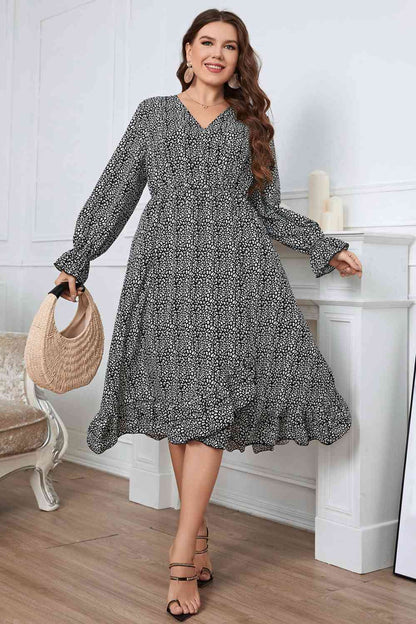 Melo Apparel Plus Size Printed V-Neck Flounce Sleeve Midi Dress