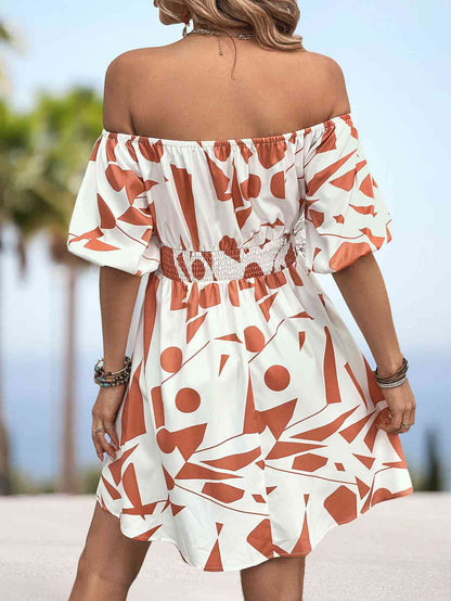 Printed Off-Shoulder Smocked Waist Dress