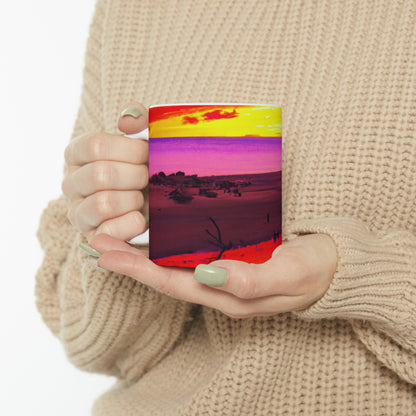 "Forgotten Solace: The Splendor of a Vibrant Sunset at a Abandoned Beach" - The Alien Ceramic Mug 11 oz