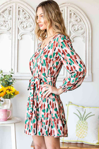 Printed V-Neck Long Sleeve Tiered Dress