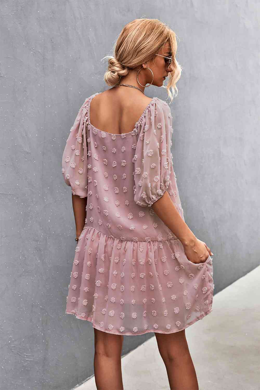 Swiss Dot Square Neck Half Balloon Sleeve Dress