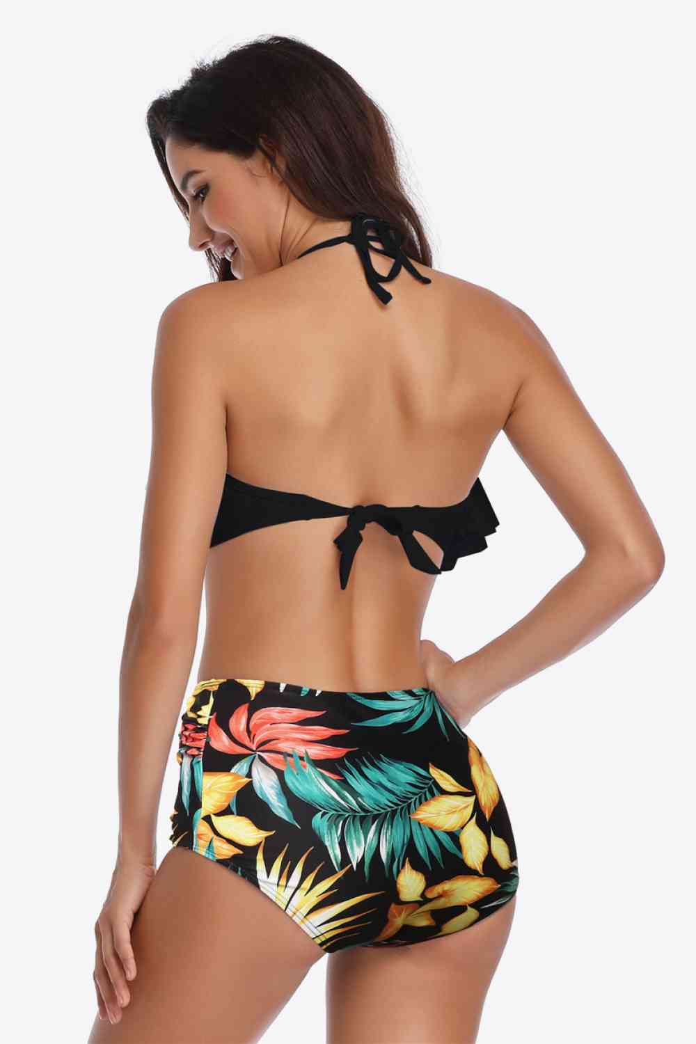 Two-Tone Ruffled Halter Neck Two-Piece Swimsuit