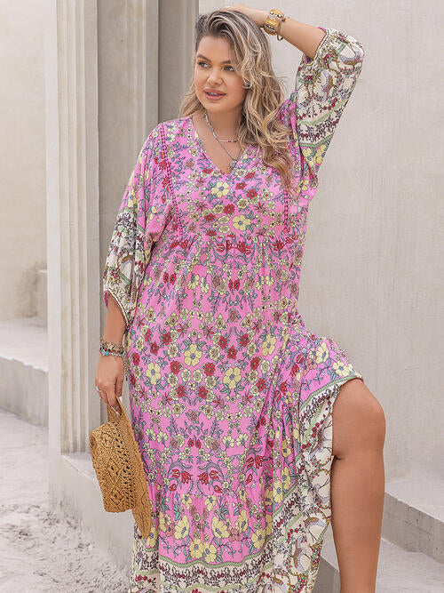 Vestido midi con manga globo y cuello en V floral de talla grande